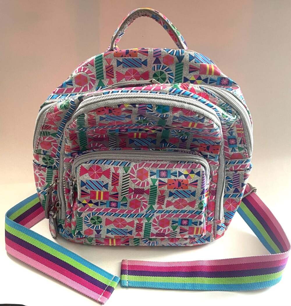 Bari Lynn Candy Print Glitter Mini Backpack with Rainbow Striped Straps